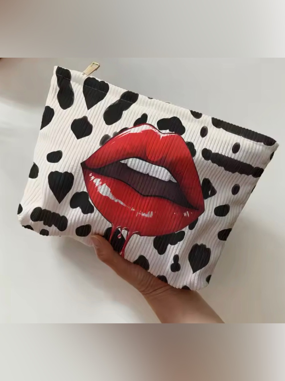 White & Black Heart Print Cosmetic Pouch with Red Lips Graphic